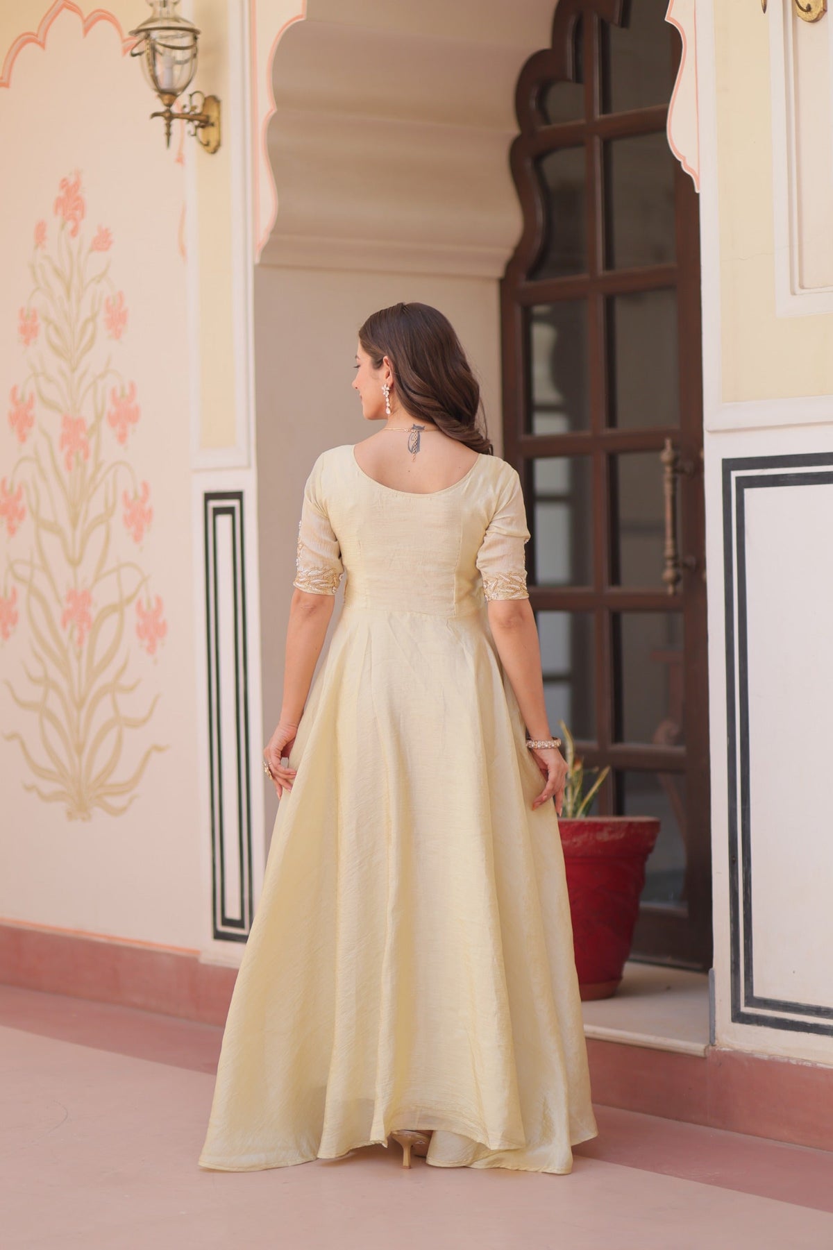 Prazu Fashion Off White Gold Crush With Beads Embroidered Work Gown | Grocsy
