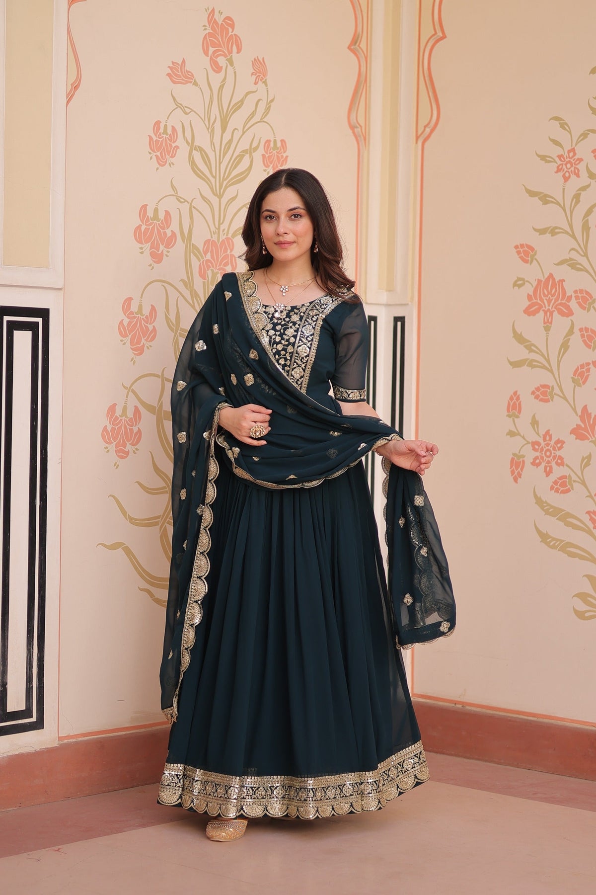 Prazu Fashion Rama Georgette Embroidered Gown With Dupatta | Grocsy