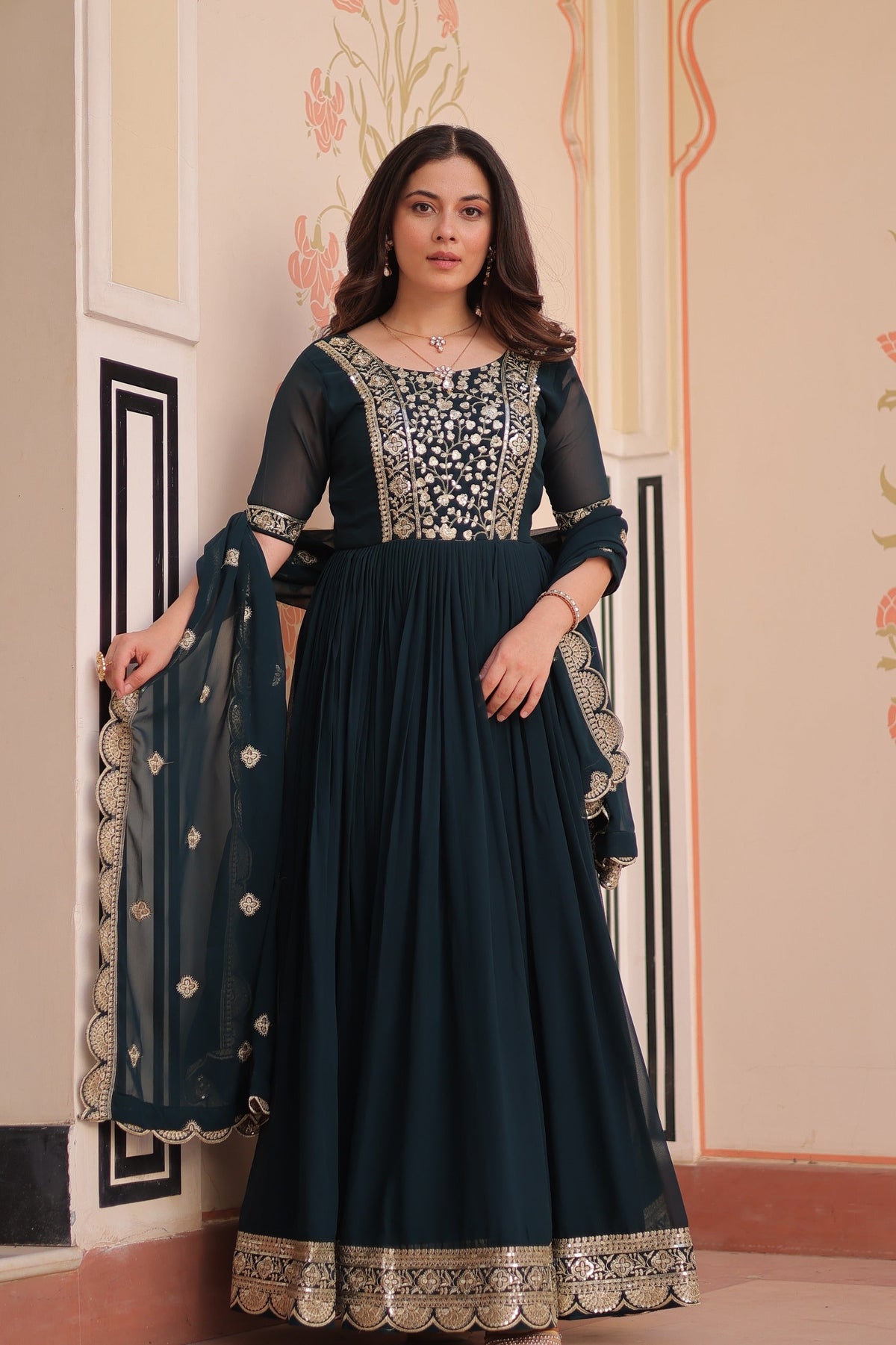 Prazu Fashion Rama Georgette Embroidered Gown With Dupatta | Grocsy
