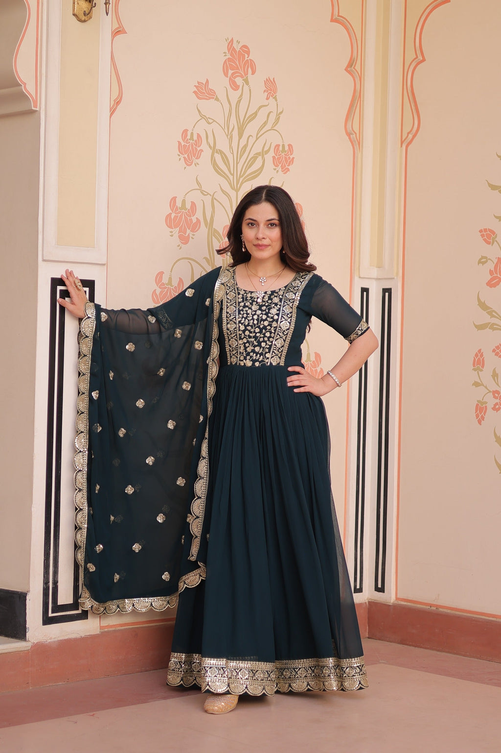 Prazu Fashion Rama Georgette Embroidered Gown With Dupatta | Grocsy