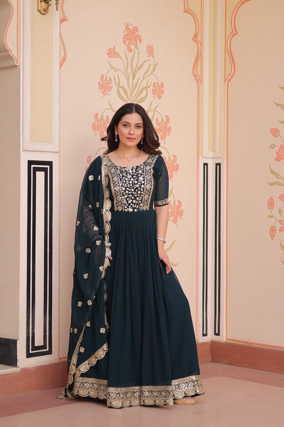 Prazu Fashion Rama Georgette Embroidered Gown With Dupatta | Grocsy