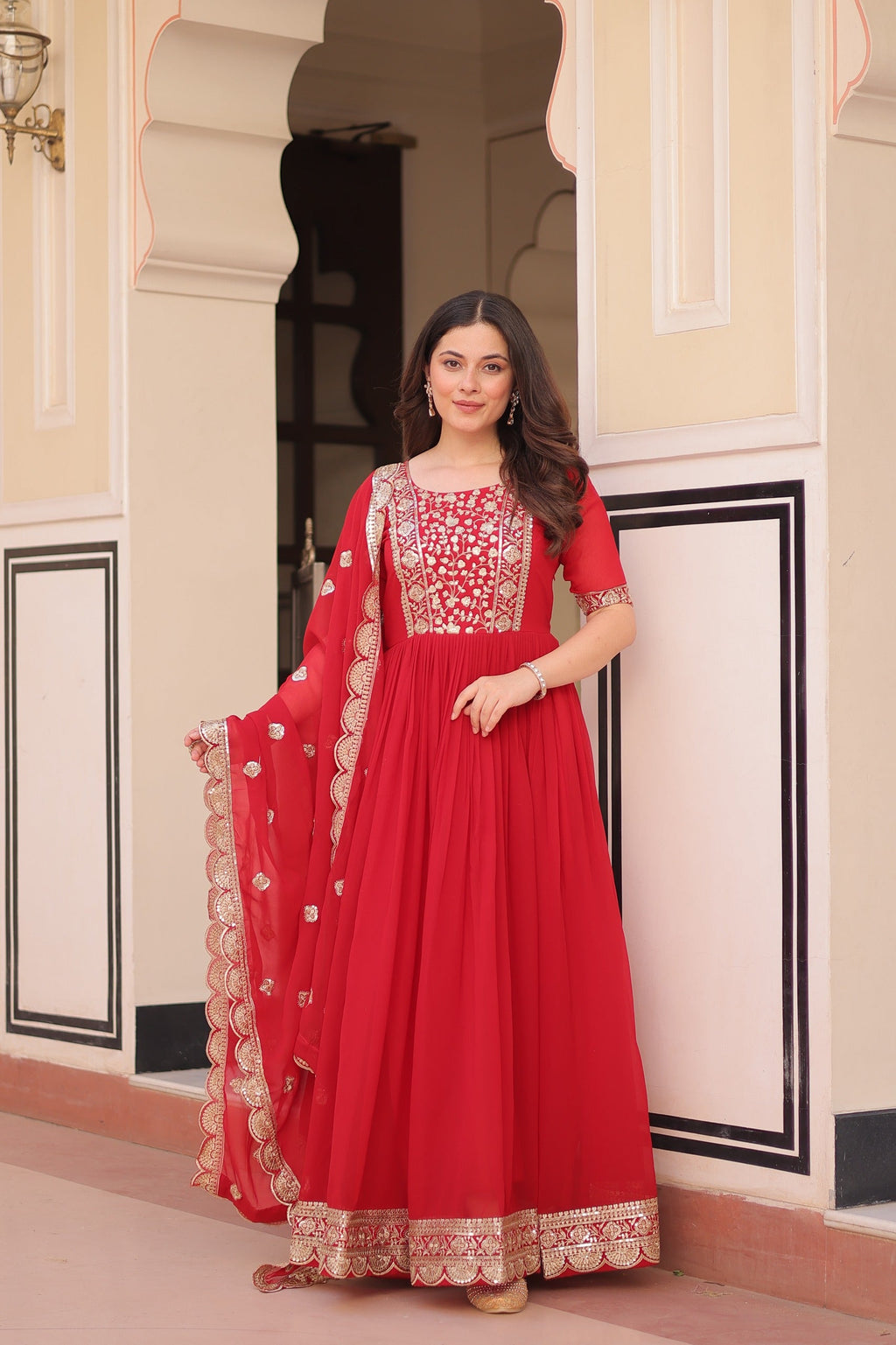 Prazu Fashion Red Georgette Embroidered Gown With Dupatta | Grocsy