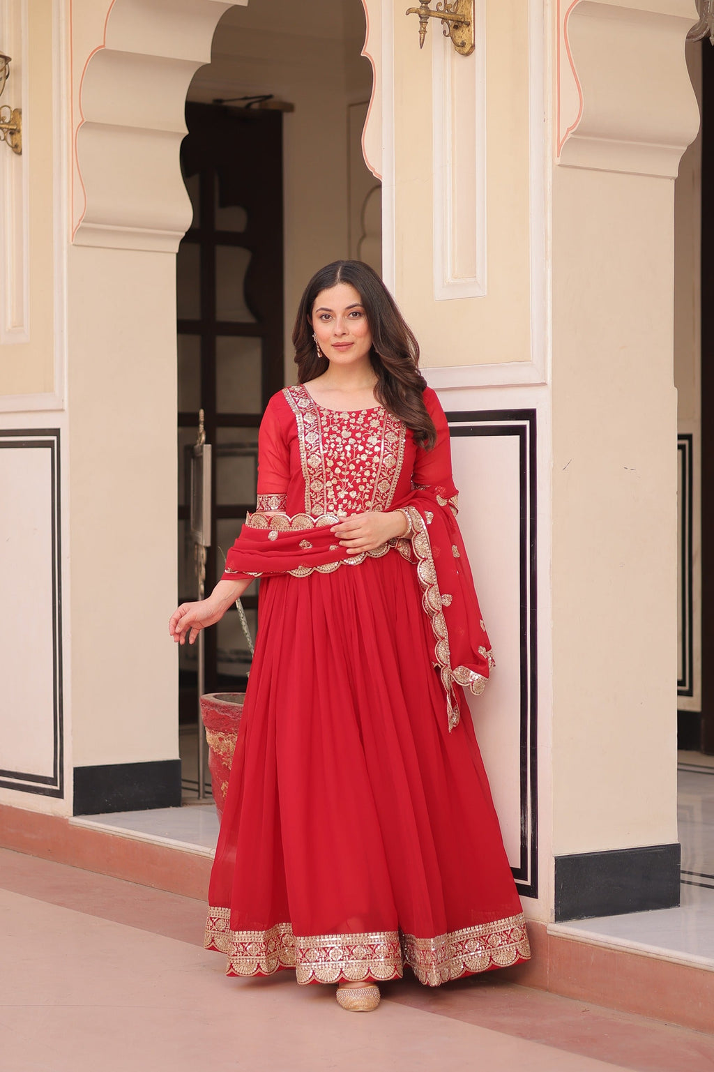 Prazu Fashion Red Georgette Embroidered Gown With Dupatta | Grocsy