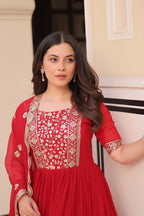 Prazu Fashion Red Georgette Embroidered Gown With Dupatta | Grocsy