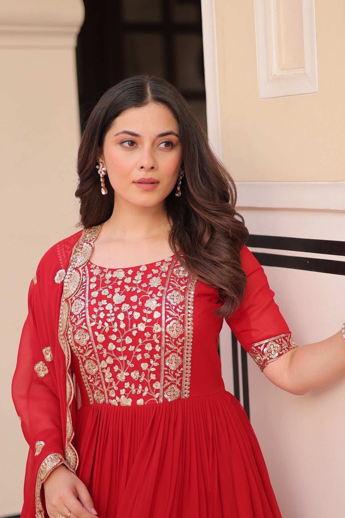 Prazu Fashion Red Georgette Embroidered Gown With Dupatta | Grocsy