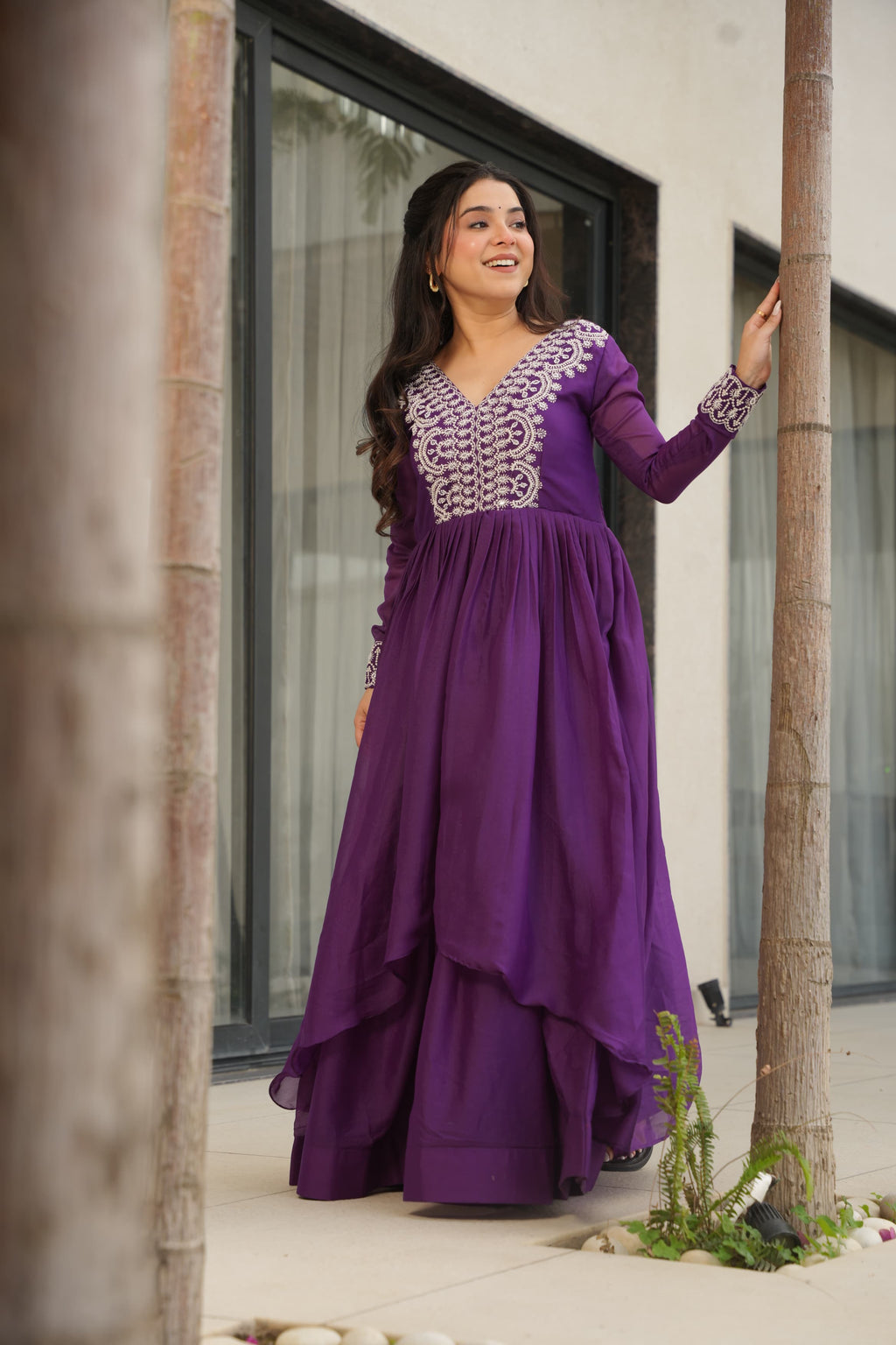 Prazu Fashion Purple Georgette Embroidered Designer Gown | Grocsy