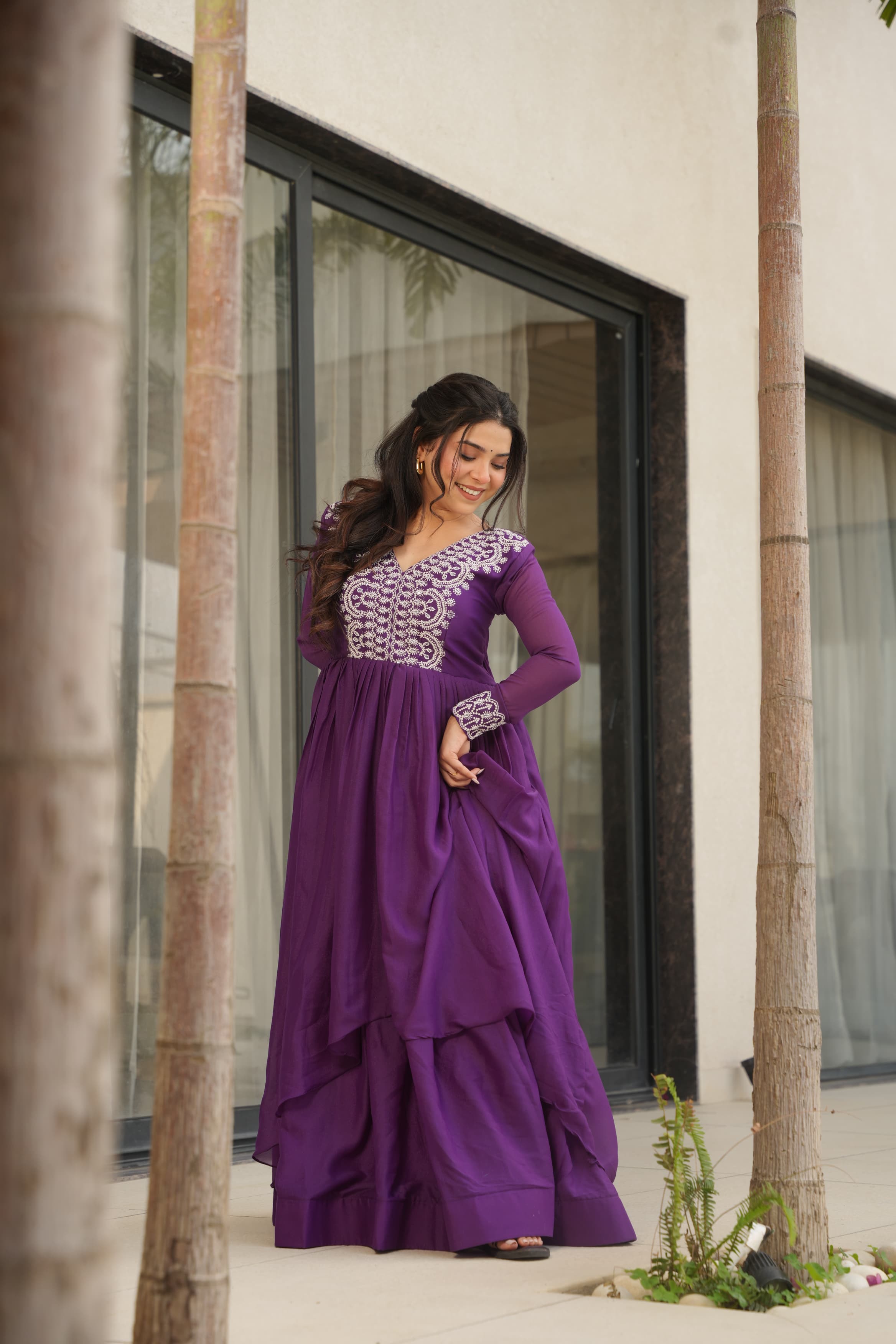 Prazu Fashion Purple Georgette Embroidered Designer Gown | Grocsy