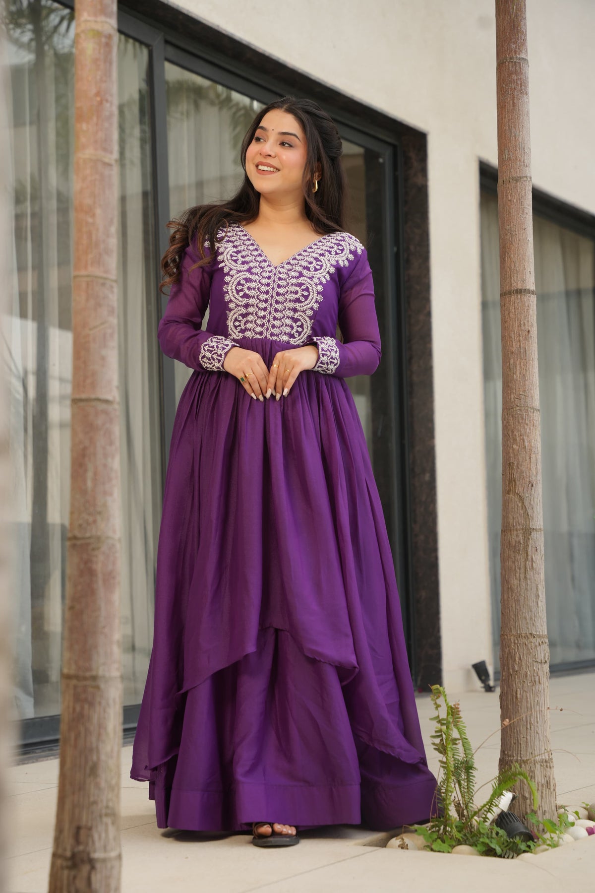 Prazu Fashion Purple Georgette Embroidered Designer Gown | Grocsy