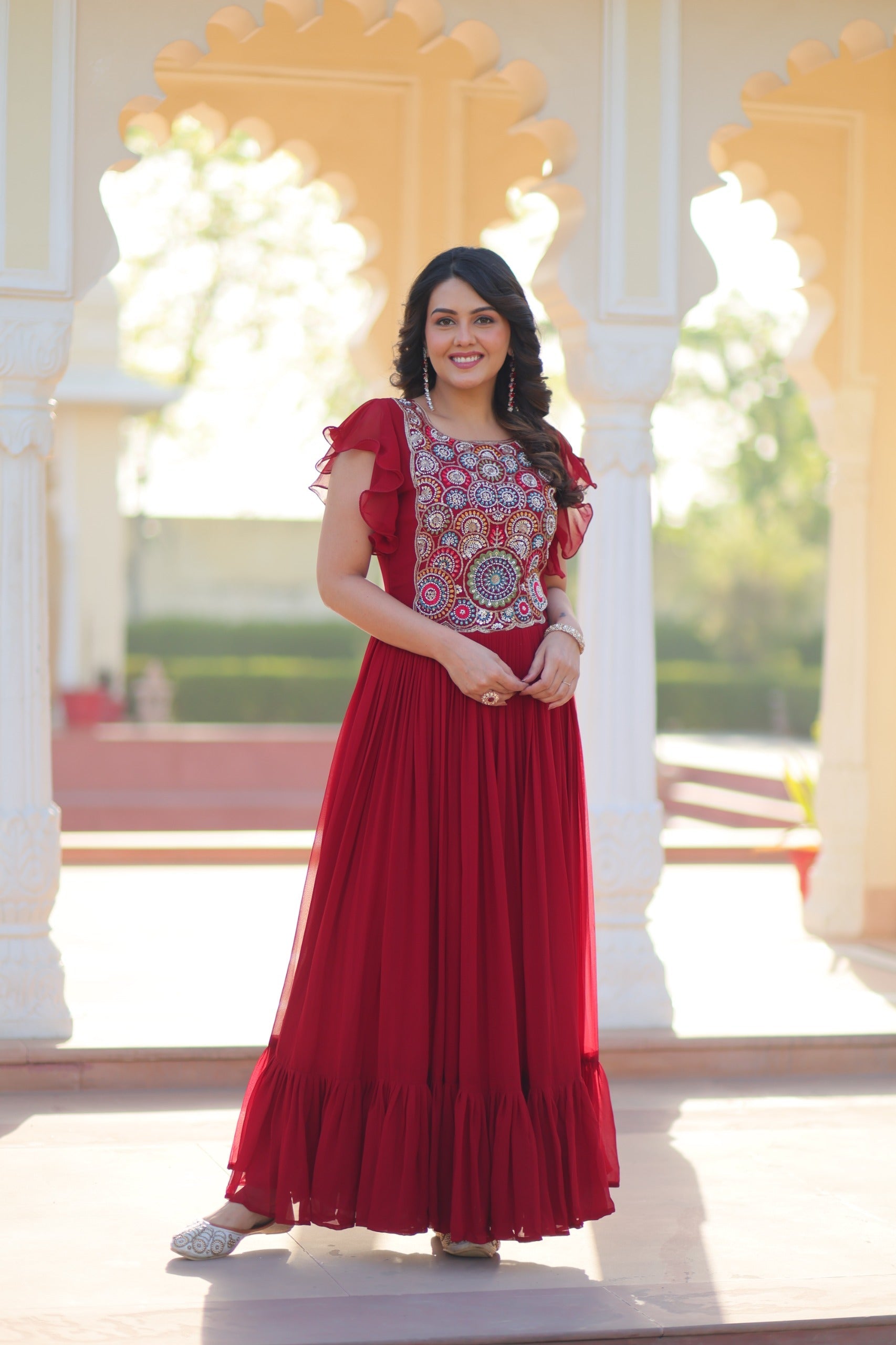 Prazu Fashion Maroon Georgette Beads And Sequins Embroidered Gown | Grocsy