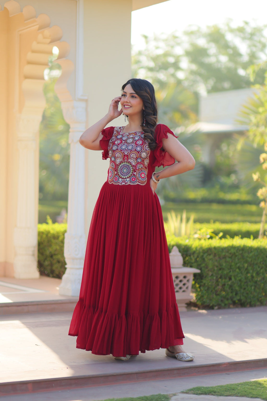 Prazu Fashion Maroon Georgette Beads And Sequins Embroidered Gown | Grocsy