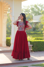 Prazu Fashion Maroon Georgette Beads And Sequins Embroidered Gown | Grocsy