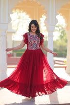 Prazu Fashion Maroon Georgette Beads And Sequins Embroidered Gown | Grocsy
