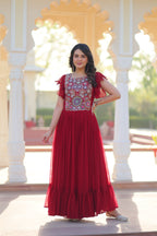 Prazu Fashion Maroon Georgette Beads And Sequins Embroidered Gown | Grocsy