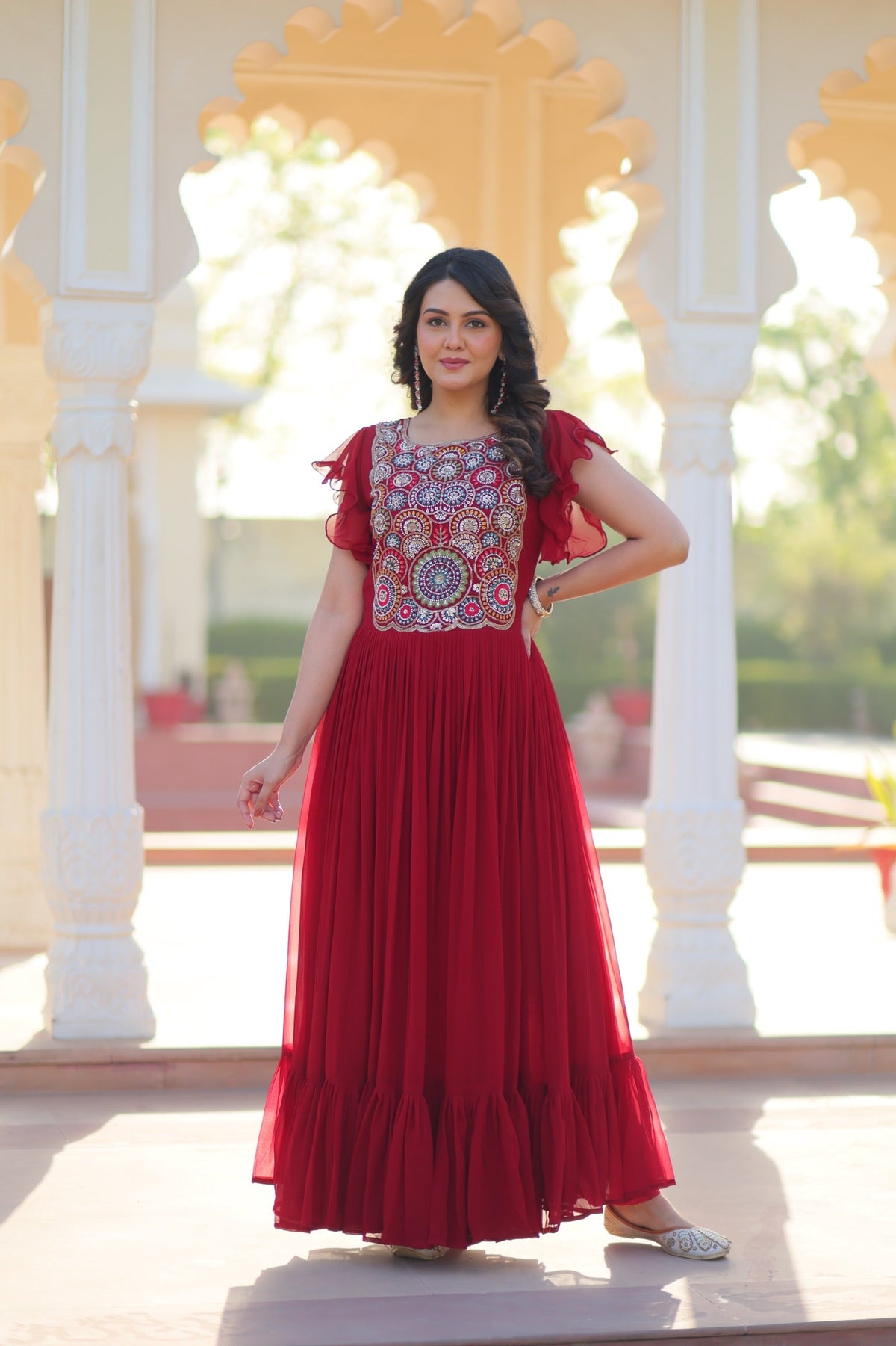 Prazu Fashion Maroon Georgette Beads And Sequins Embroidered Gown | Grocsy