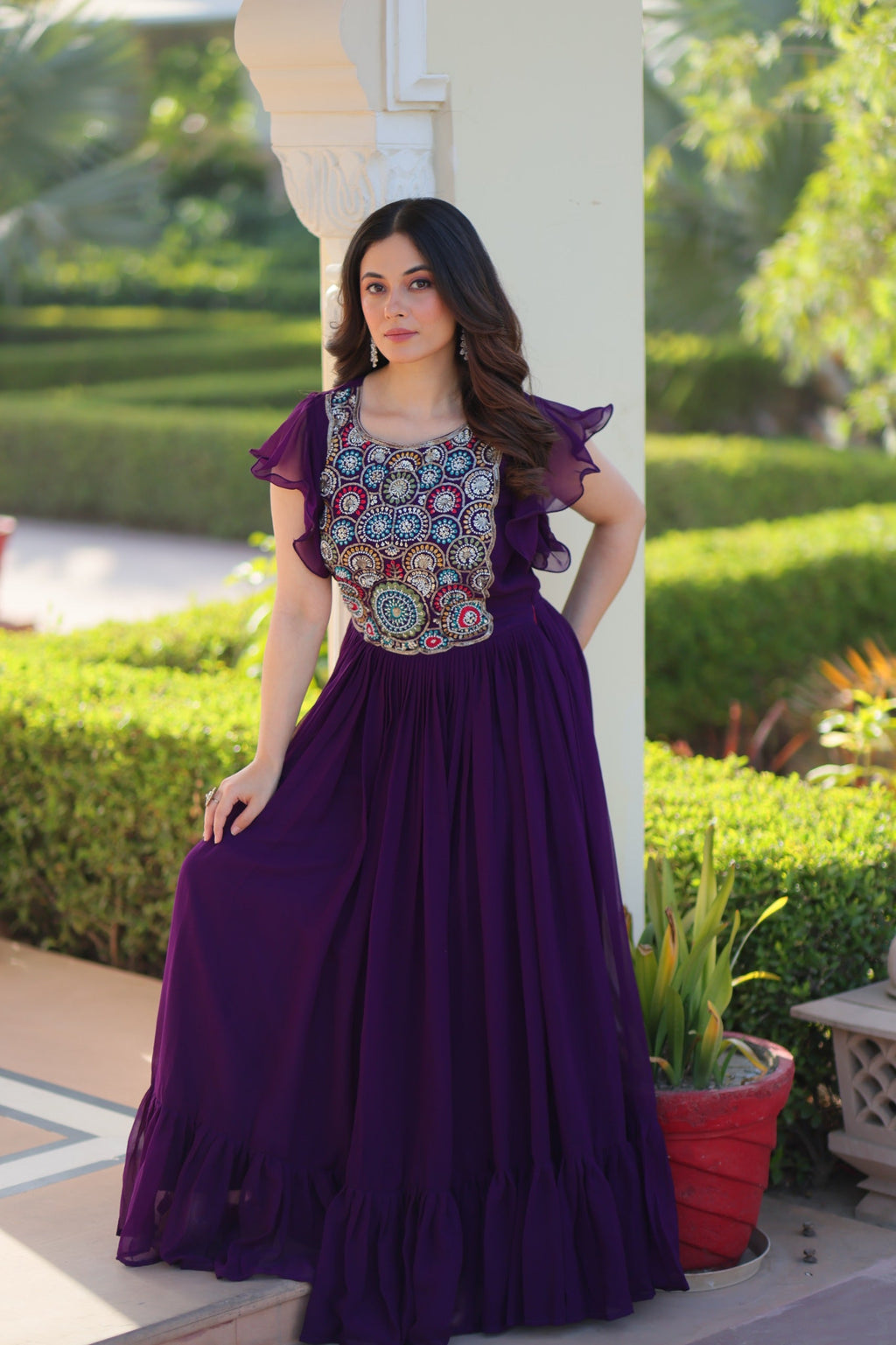 Prazu Fashion Purple Georgette Beads And Sequins Embroidered Gown | Grocsy
