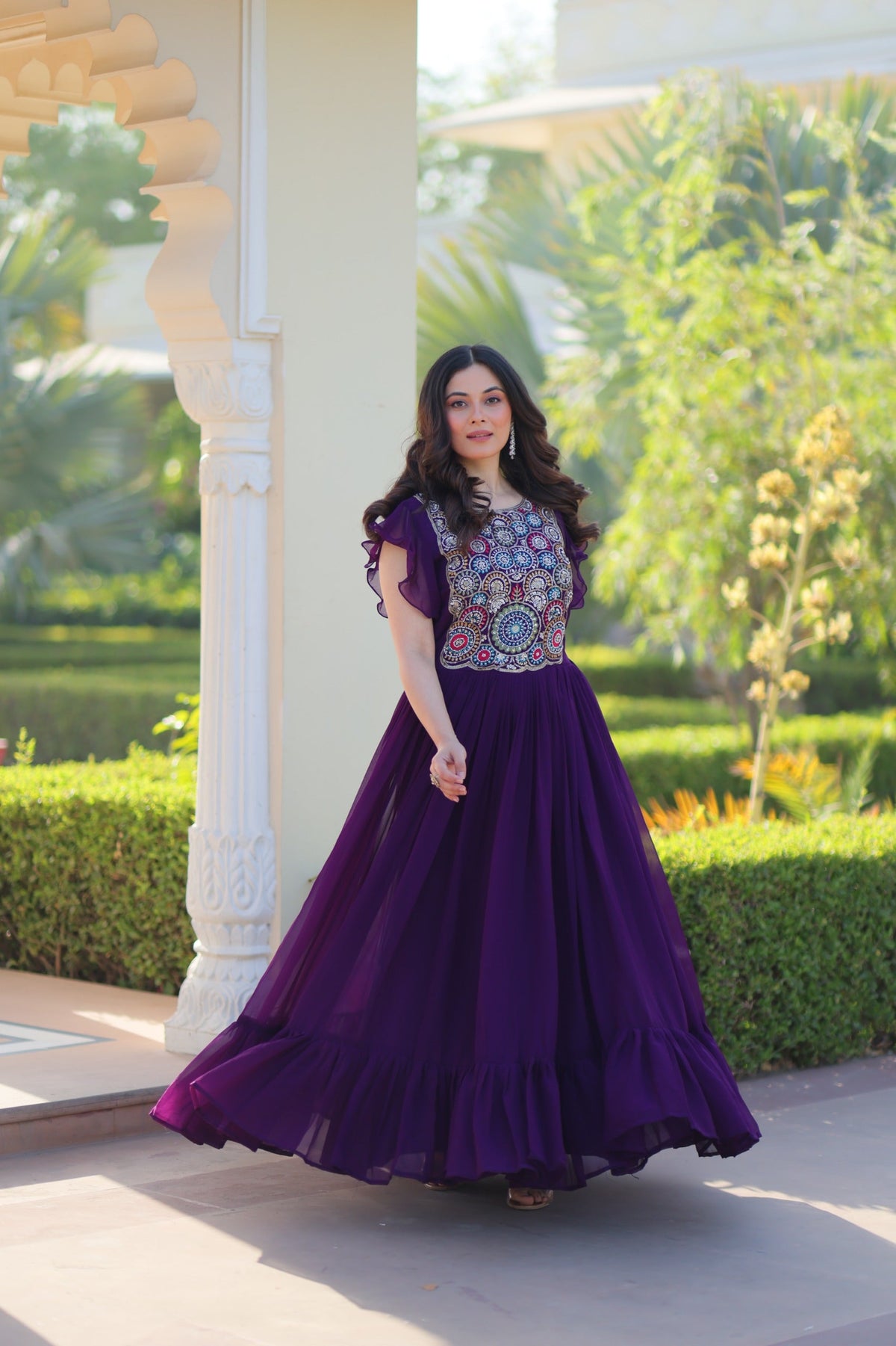 Prazu Fashion Purple Georgette Beads And Sequins Embroidered Gown | Grocsy