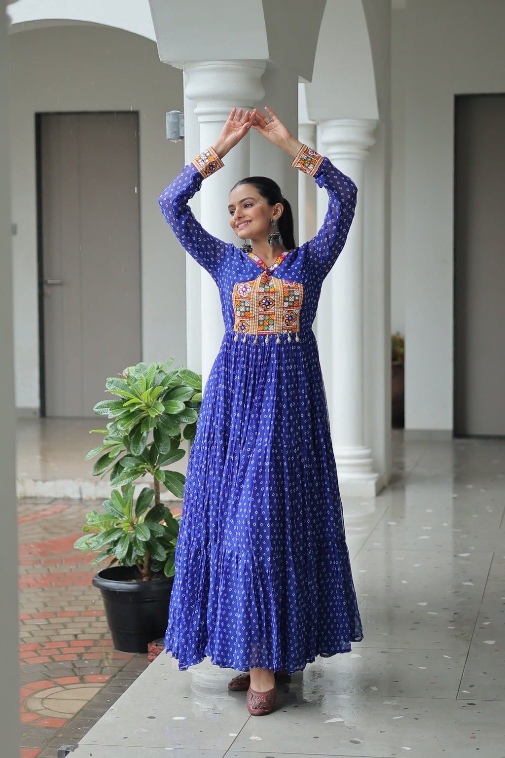 Prazu Fashion Blue Georgette Bandhani Printed With Kutchi Patchework Navaratri Gown | Grocsy