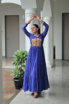 Prazu Fashion Blue Georgette Bandhani Printed With Kutchi Patchework Navaratri Gown | Grocsy