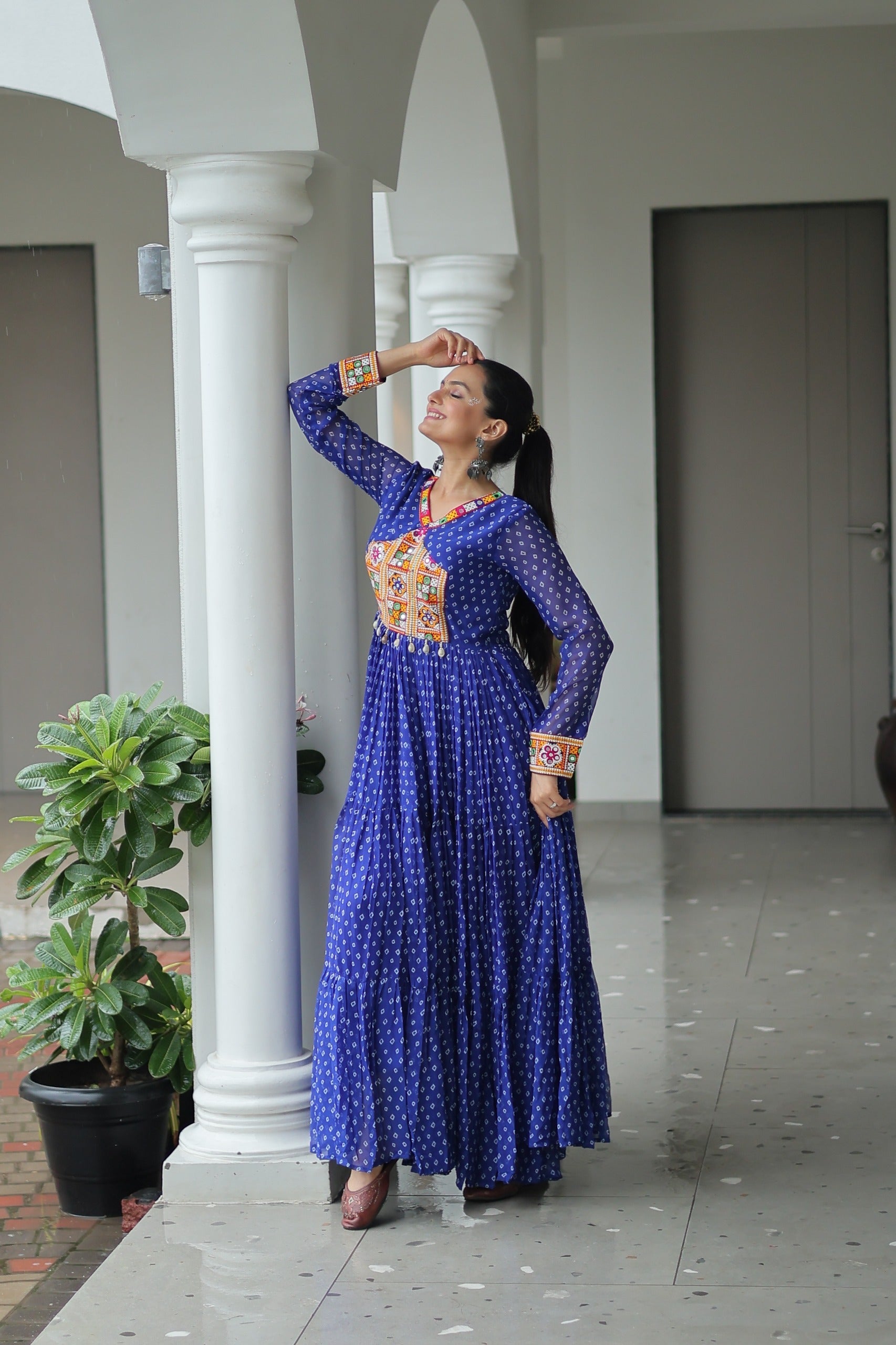 Prazu Fashion Blue Georgette Bandhani Printed With Kutchi Patchework Navaratri Gown | Grocsy