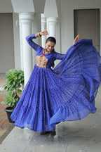 Prazu Fashion Blue Georgette Bandhani Printed With Kutchi Patchework Navaratri Gown | Grocsy