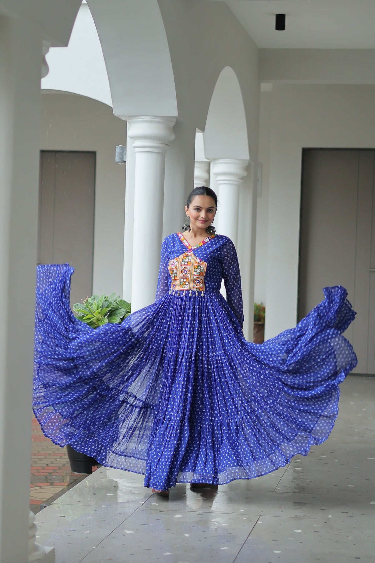 Prazu Fashion Blue Georgette Bandhani Printed With Kutchi Patchework Navaratri Gown | Grocsy