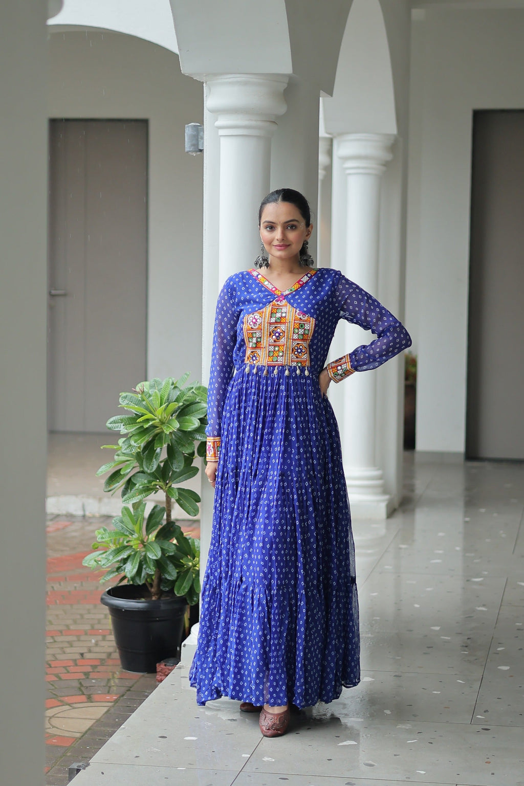Prazu Fashion Blue Georgette Bandhani Printed With Kutchi Patchework Navaratri Gown | Grocsy