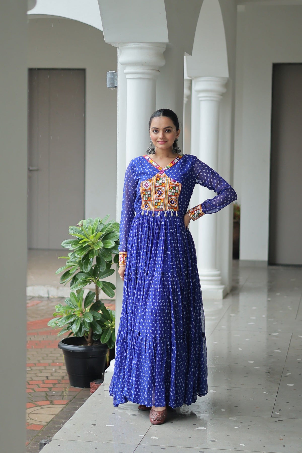 Prazu Fashion Blue Georgette Bandhani Printed With Kutchi Patchework Navaratri Gown | Grocsy
