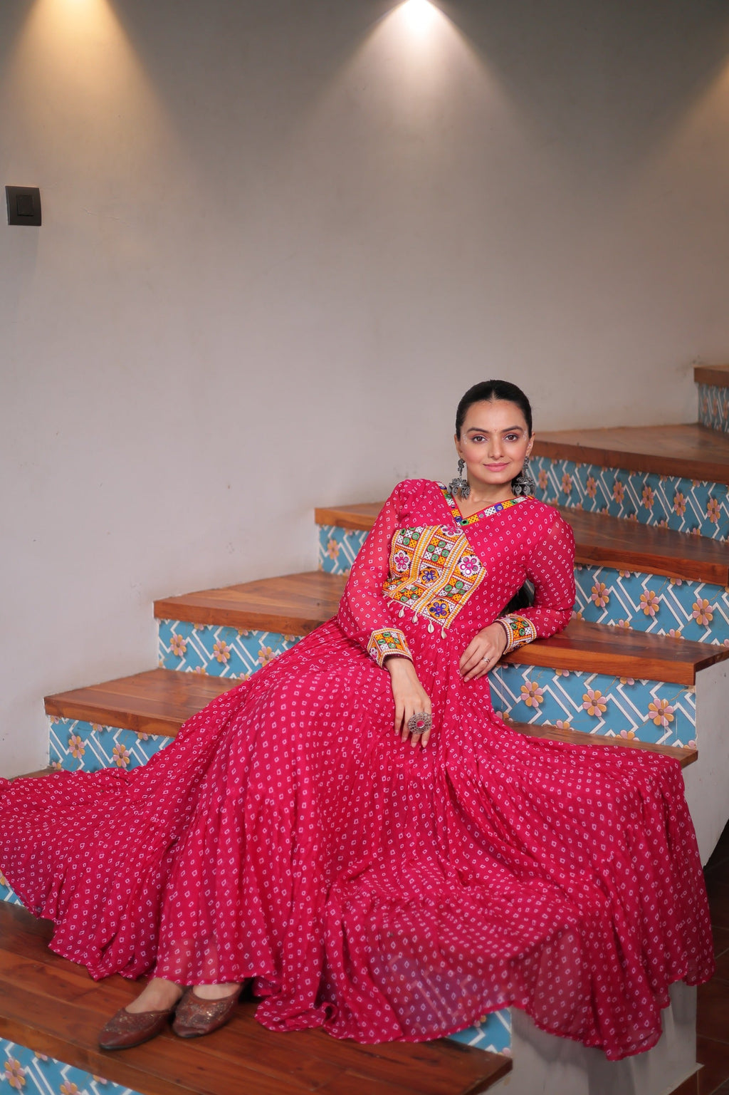 Prazu Fashion Pink Georgette Bandhani Printed With Kutchi Patchework Navaratri Gown | Grocsy