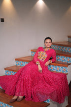 Prazu Fashion Pink Georgette Bandhani Printed With Kutchi Patchework Navaratri Gown | Grocsy