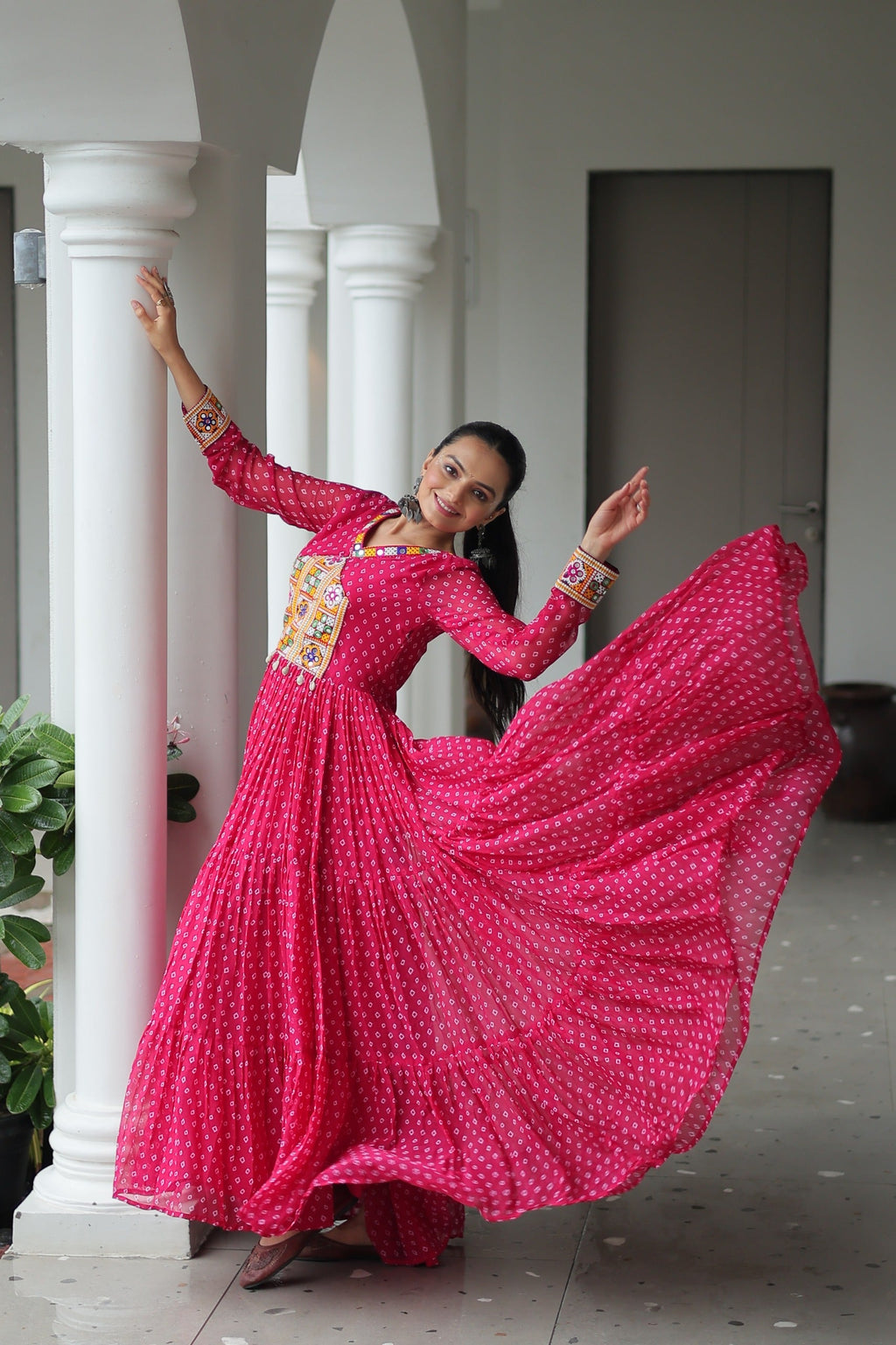 Prazu Fashion Pink Georgette Bandhani Printed With Kutchi Patchework Navaratri Gown | Grocsy