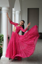 Prazu Fashion Pink Georgette Bandhani Printed With Kutchi Patchework Navaratri Gown | Grocsy