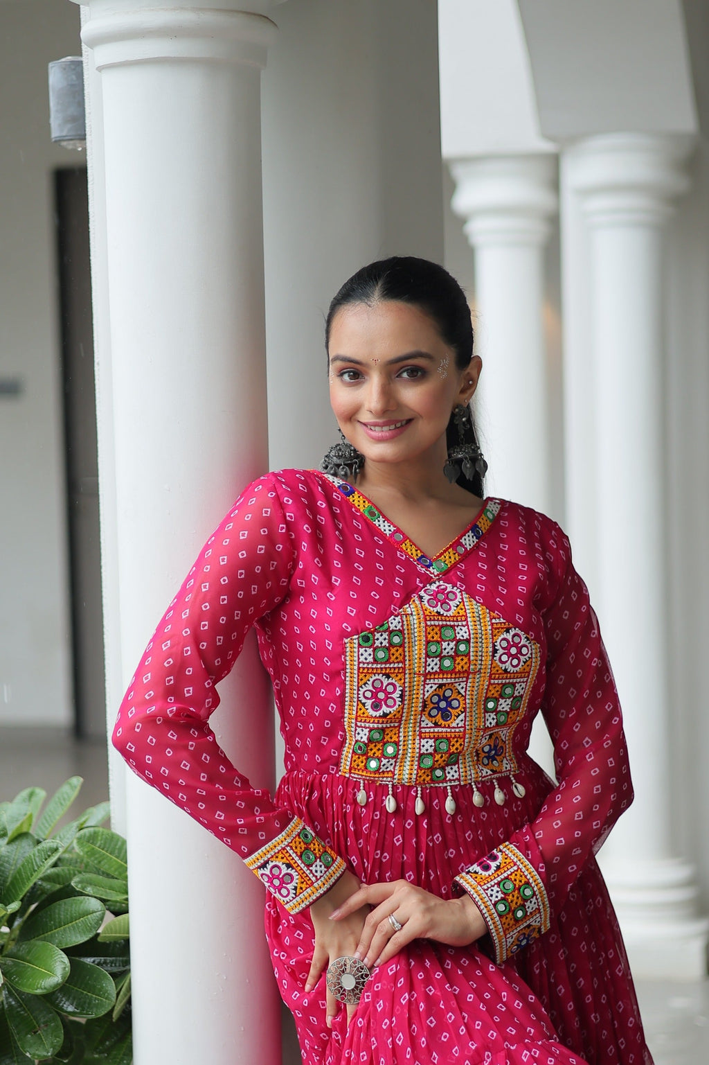 Prazu Fashion Pink Georgette Bandhani Printed With Kutchi Patchework Navaratri Gown | Grocsy