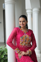 Prazu Fashion Pink Georgette Bandhani Printed With Kutchi Patchework Navaratri Gown | Grocsy