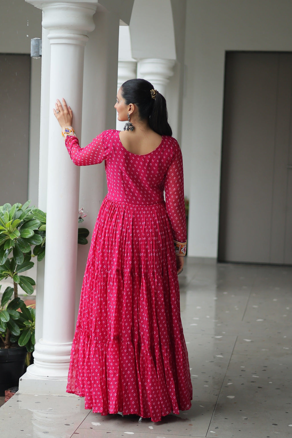 Prazu Fashion Pink Georgette Bandhani Printed With Kutchi Patchework Navaratri Gown | Grocsy