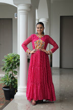 Prazu Fashion Pink Georgette Bandhani Printed With Kutchi Patchework Navaratri Gown | Grocsy