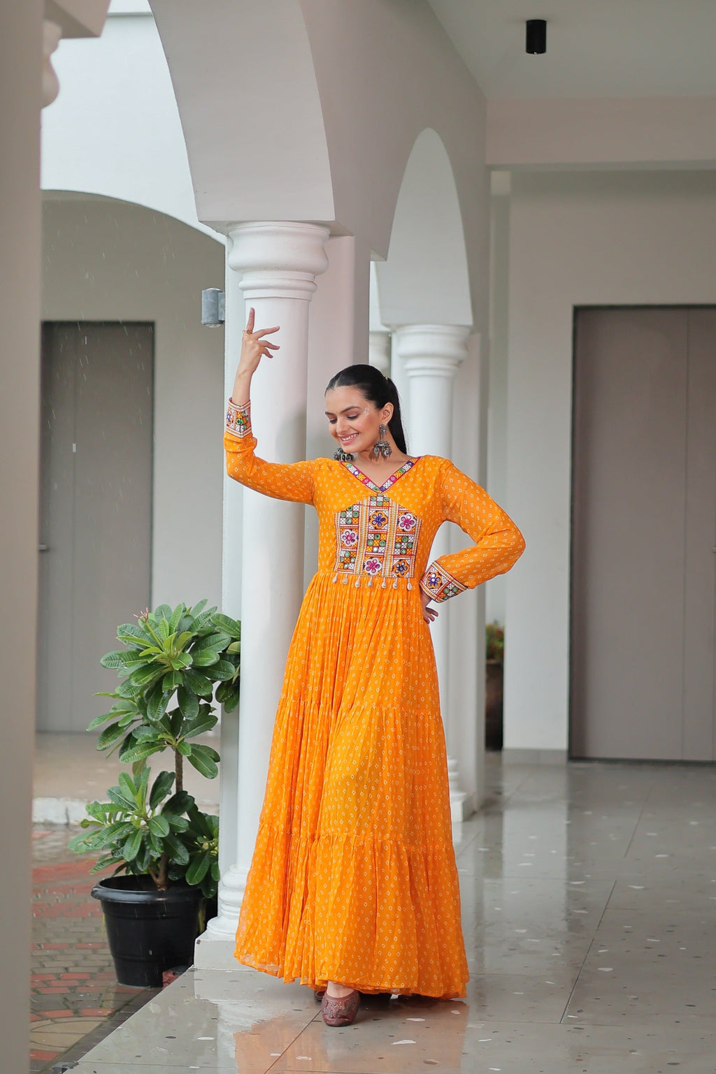 Prazu Fashion Yellow Georgette Bandhani Printed With Kutchi Patchework Navaratri Gown | Grocsy