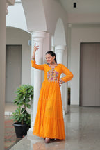 Prazu Fashion Yellow Georgette Bandhani Printed With Kutchi Patchework Navaratri Gown | Grocsy