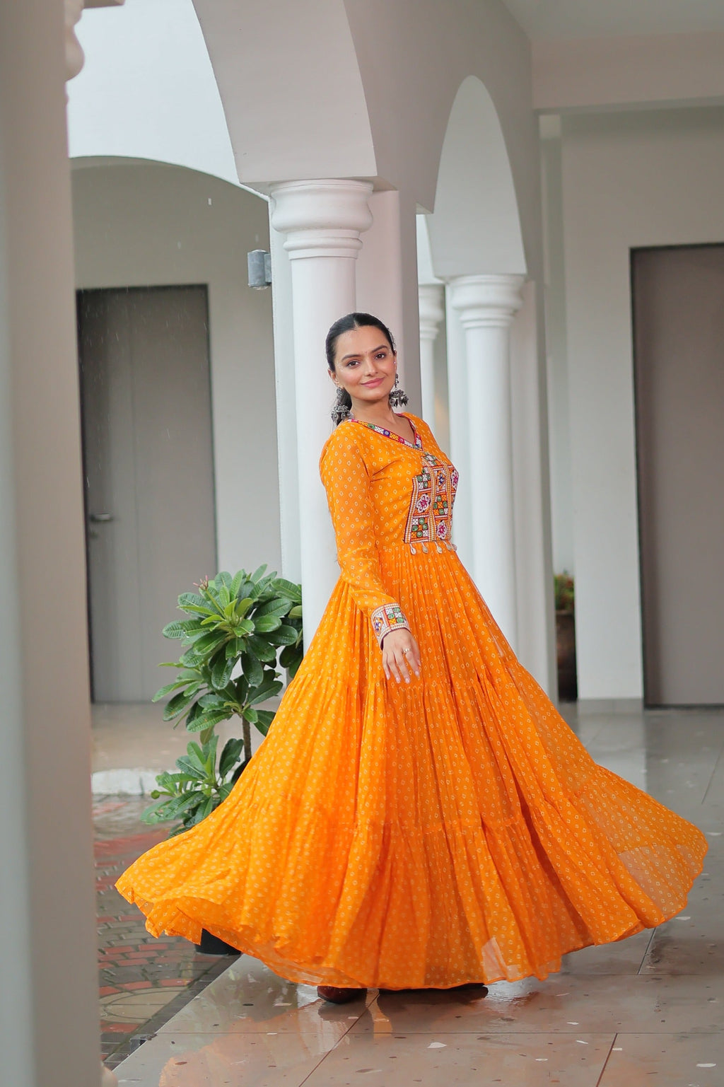 Prazu Fashion Yellow Georgette Bandhani Printed With Kutchi Patchework Navaratri Gown | Grocsy