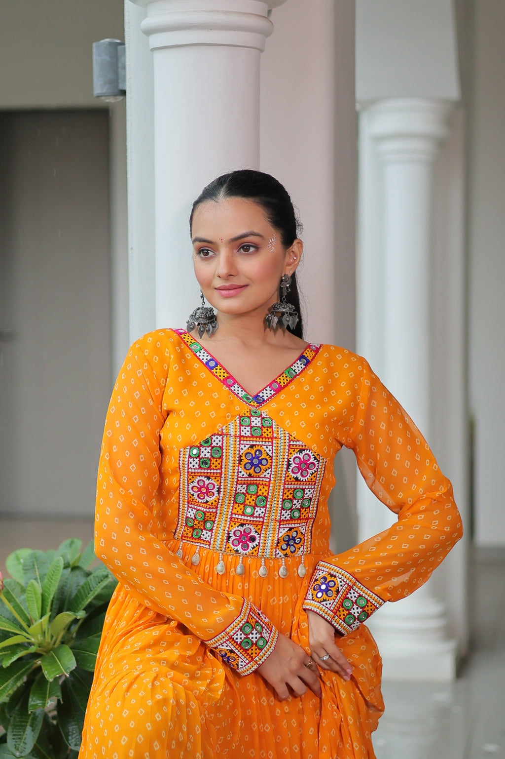 Prazu Fashion Yellow Georgette Bandhani Printed With Kutchi Patchework Navaratri Gown | Grocsy