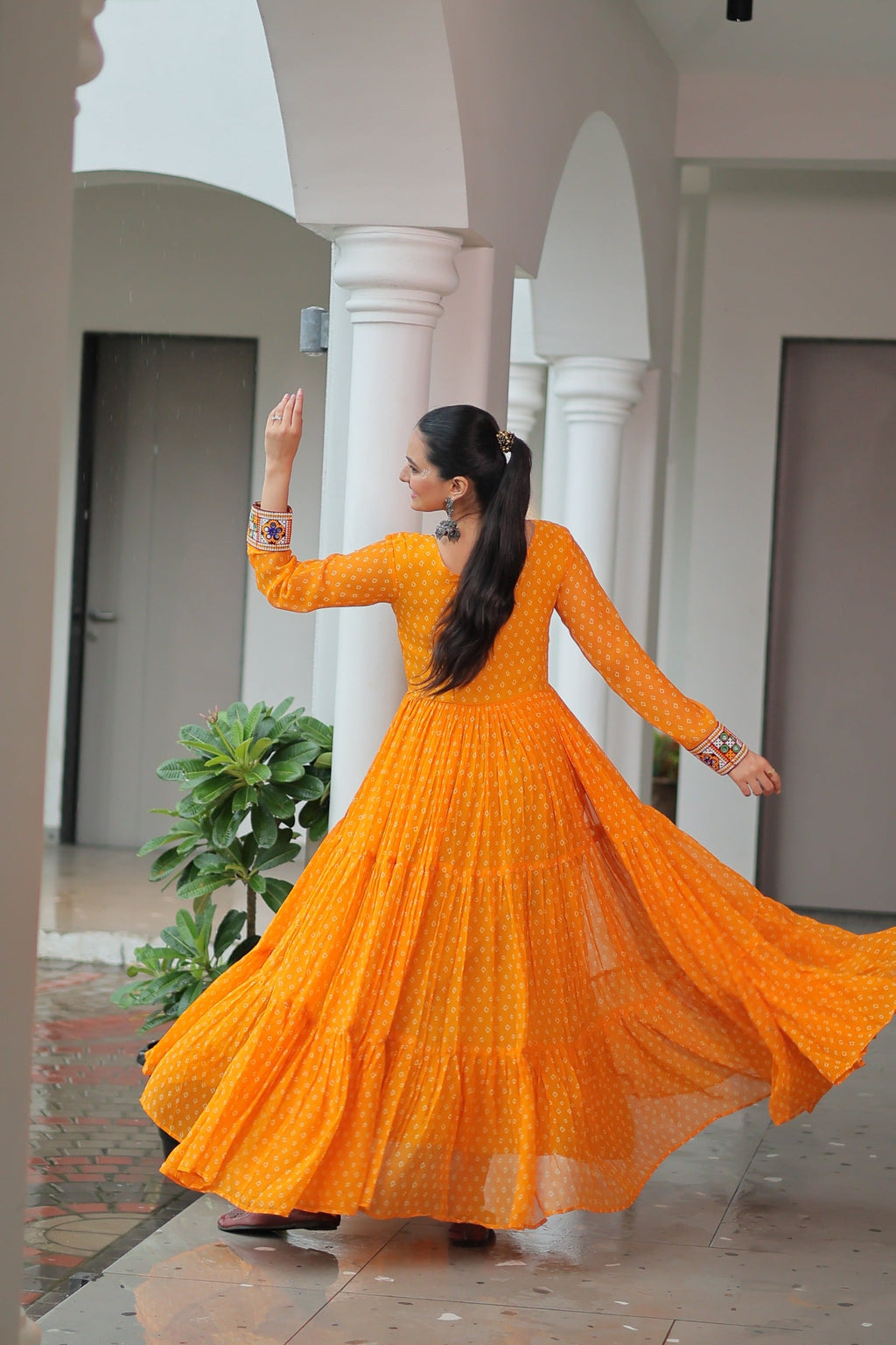 Prazu Fashion Yellow Georgette Bandhani Printed With Kutchi Patchework Navaratri Gown | Grocsy
