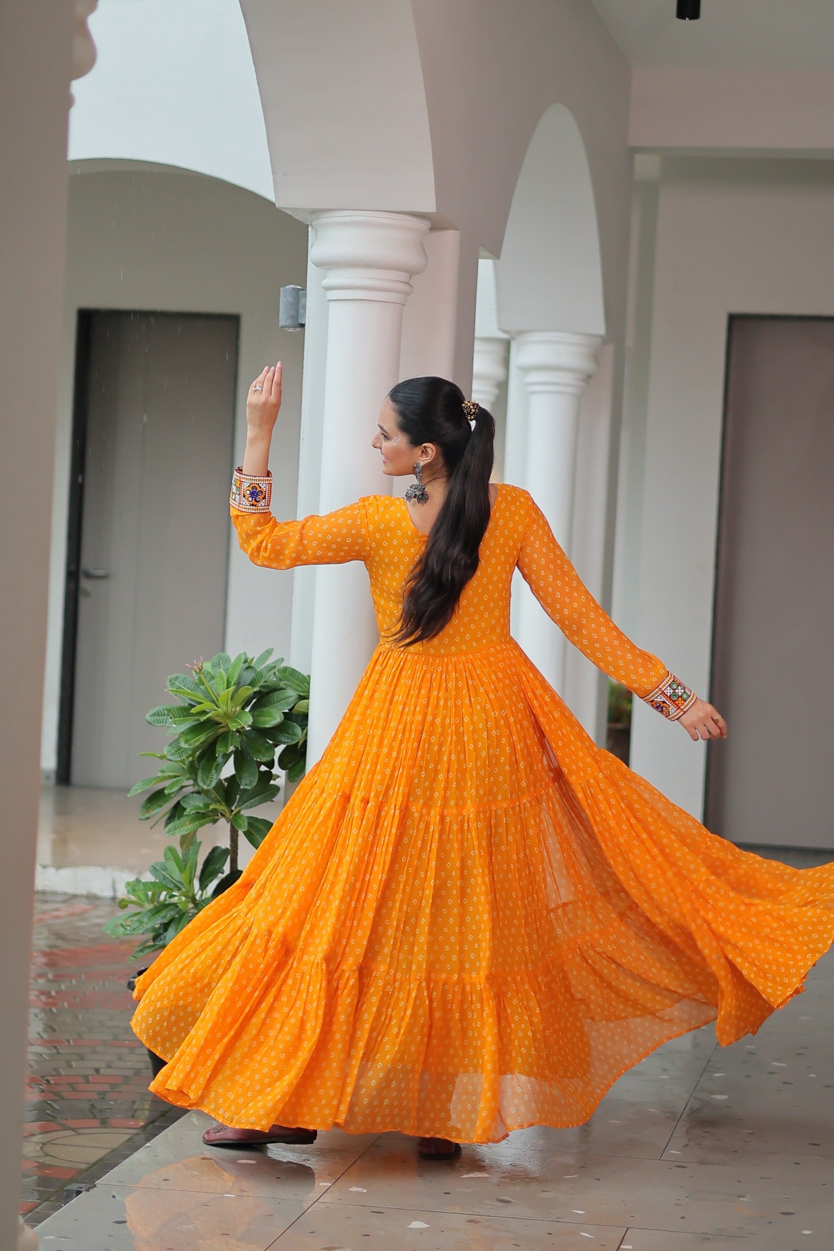 Prazu Fashion Yellow Georgette Bandhani Printed With Kutchi Patchework Navaratri Gown | Grocsy