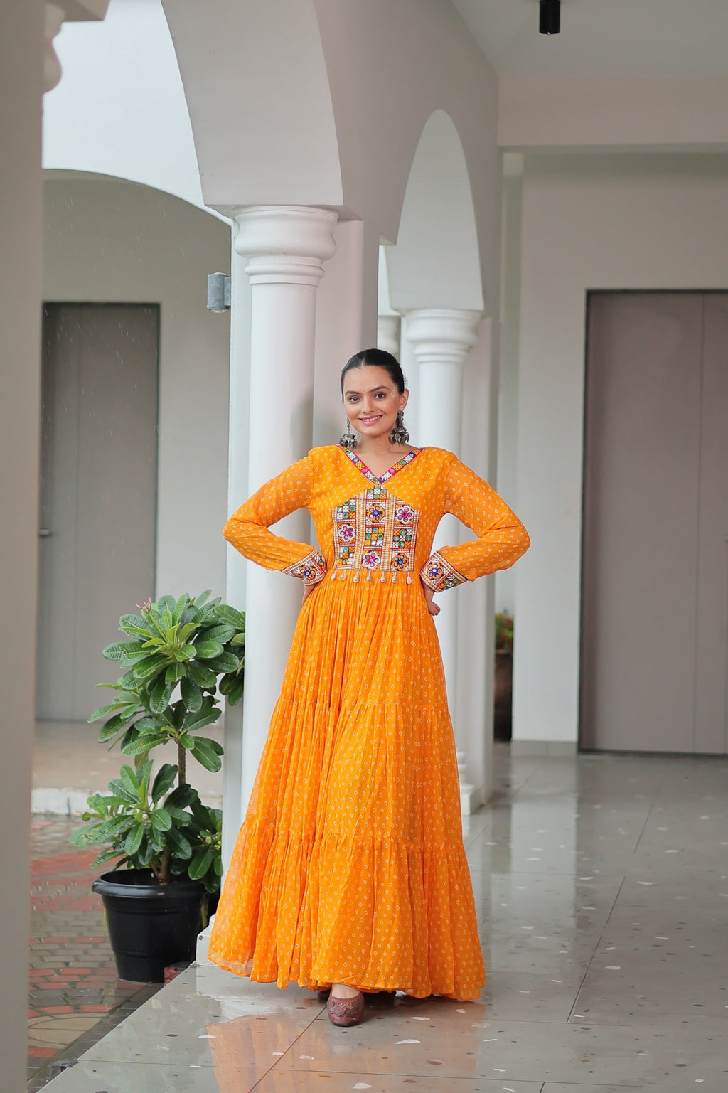 Prazu Fashion Yellow Georgette Bandhani Printed With Kutchi Patchework Navaratri Gown | Grocsy