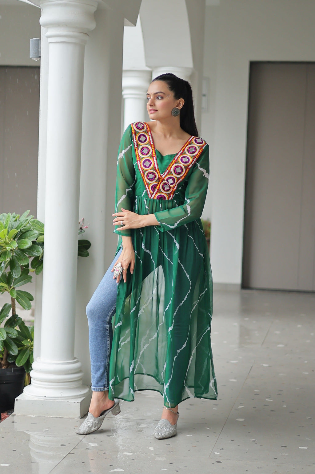 Prazu Fashion Green Georgette Leheriya Printed With Kutchi Patchework Navaratri Gown | Grocsy