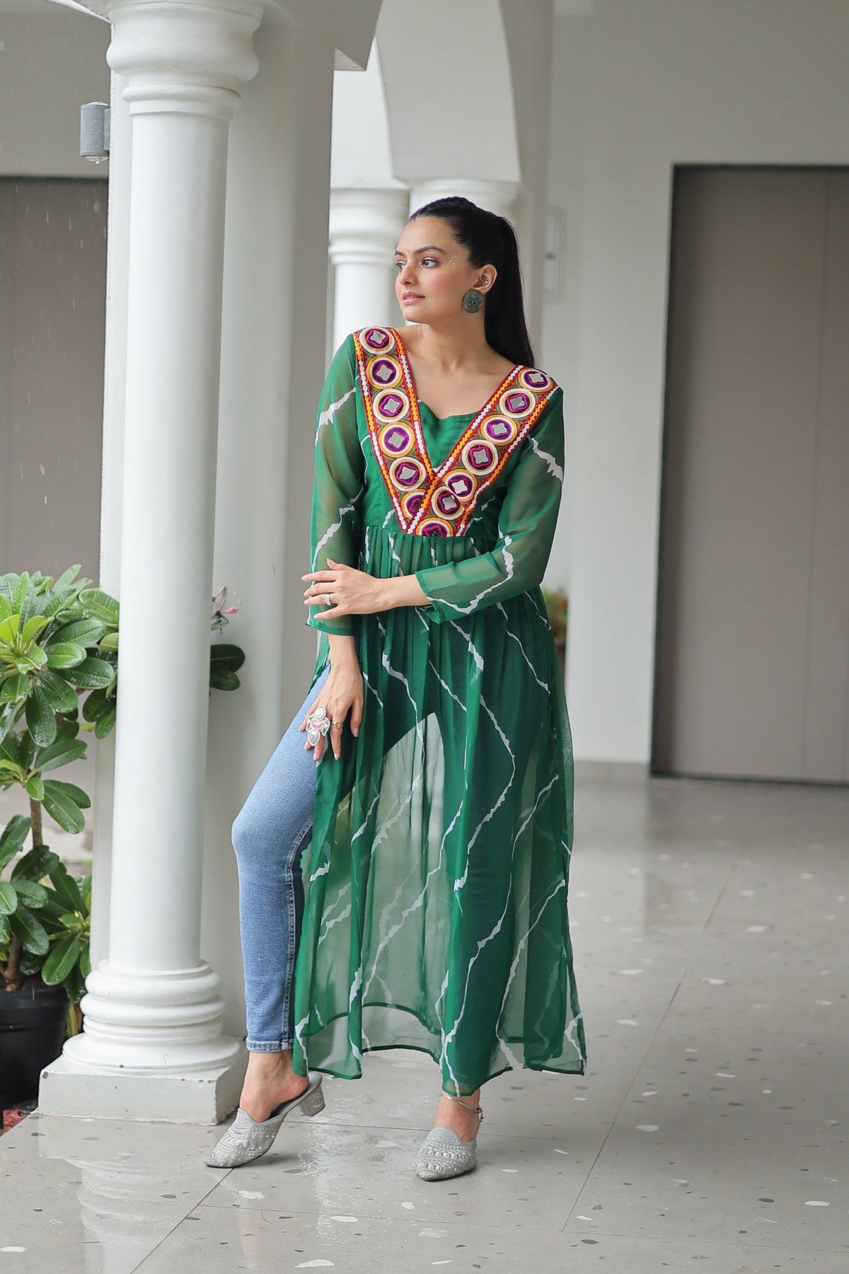 Prazu Fashion Green Georgette Leheriya Printed With Kutchi Patchework Navaratri Gown | Grocsy