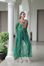 Prazu Fashion Green Georgette Leheriya Printed With Kutchi Patchework Navaratri Gown | Grocsy
