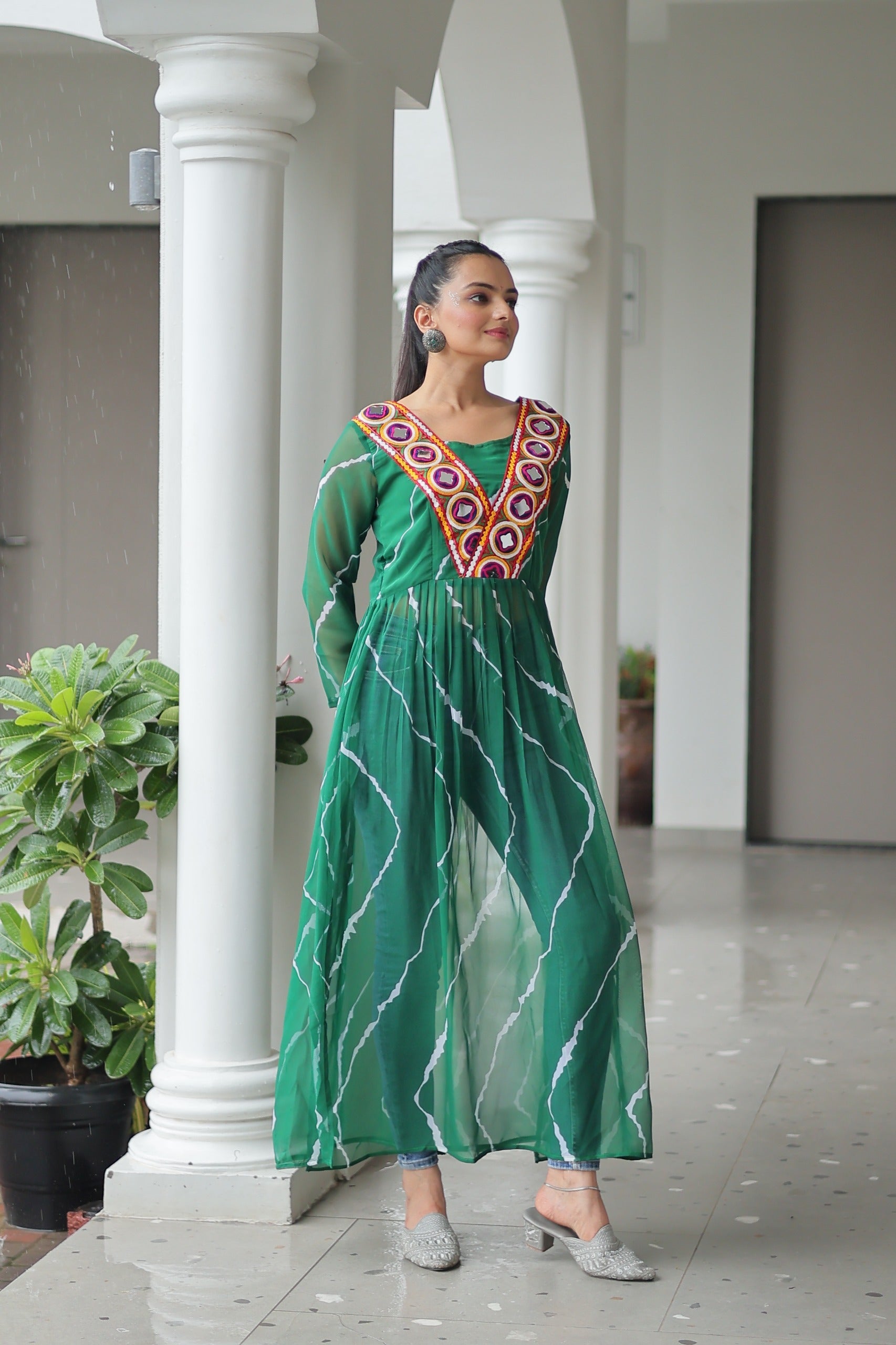 Prazu Fashion Green Georgette Leheriya Printed With Kutchi Patchework Navaratri Gown | Grocsy