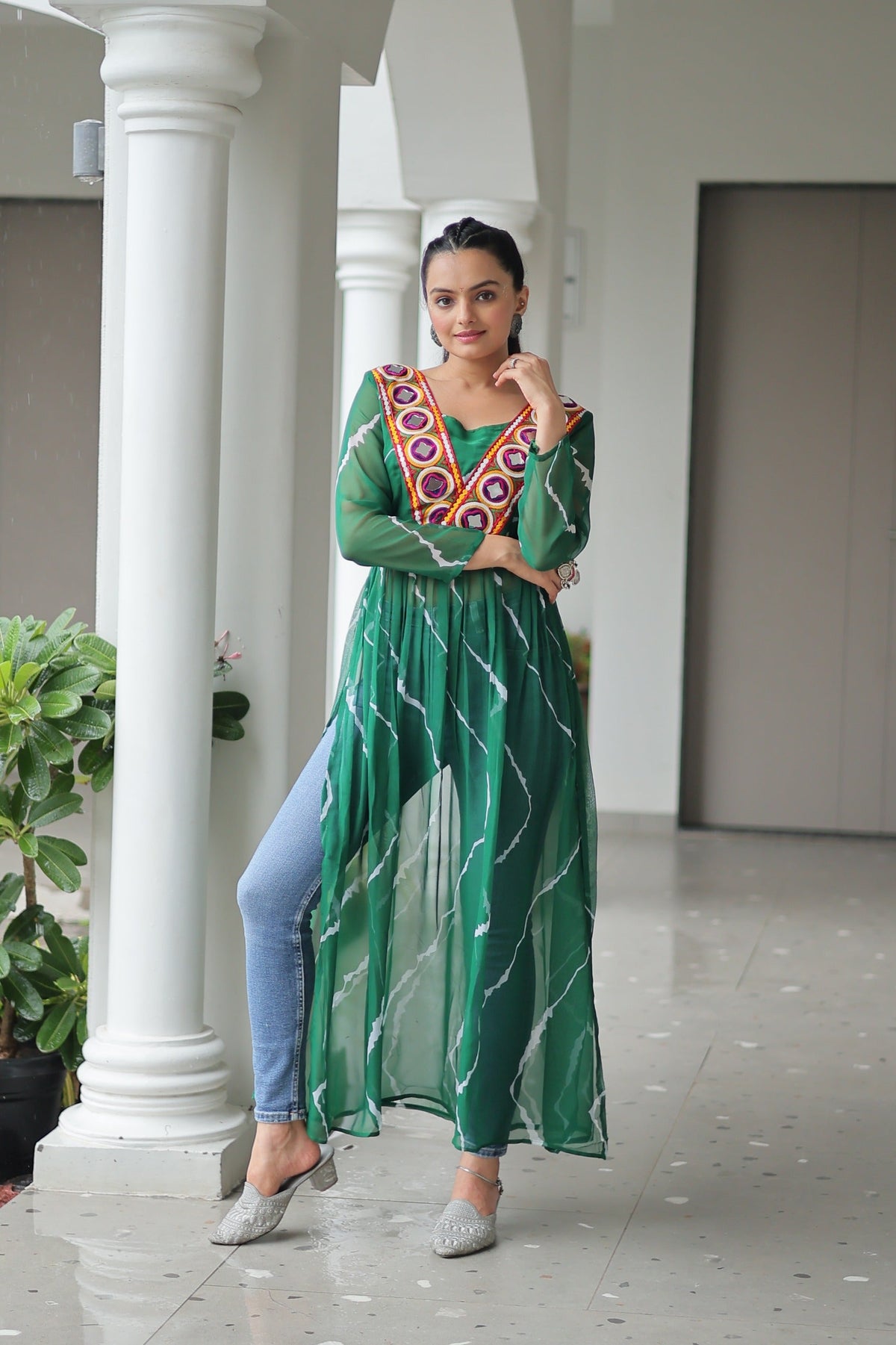 Prazu Fashion Green Georgette Leheriya Printed With Kutchi Patchework Navaratri Gown | Grocsy