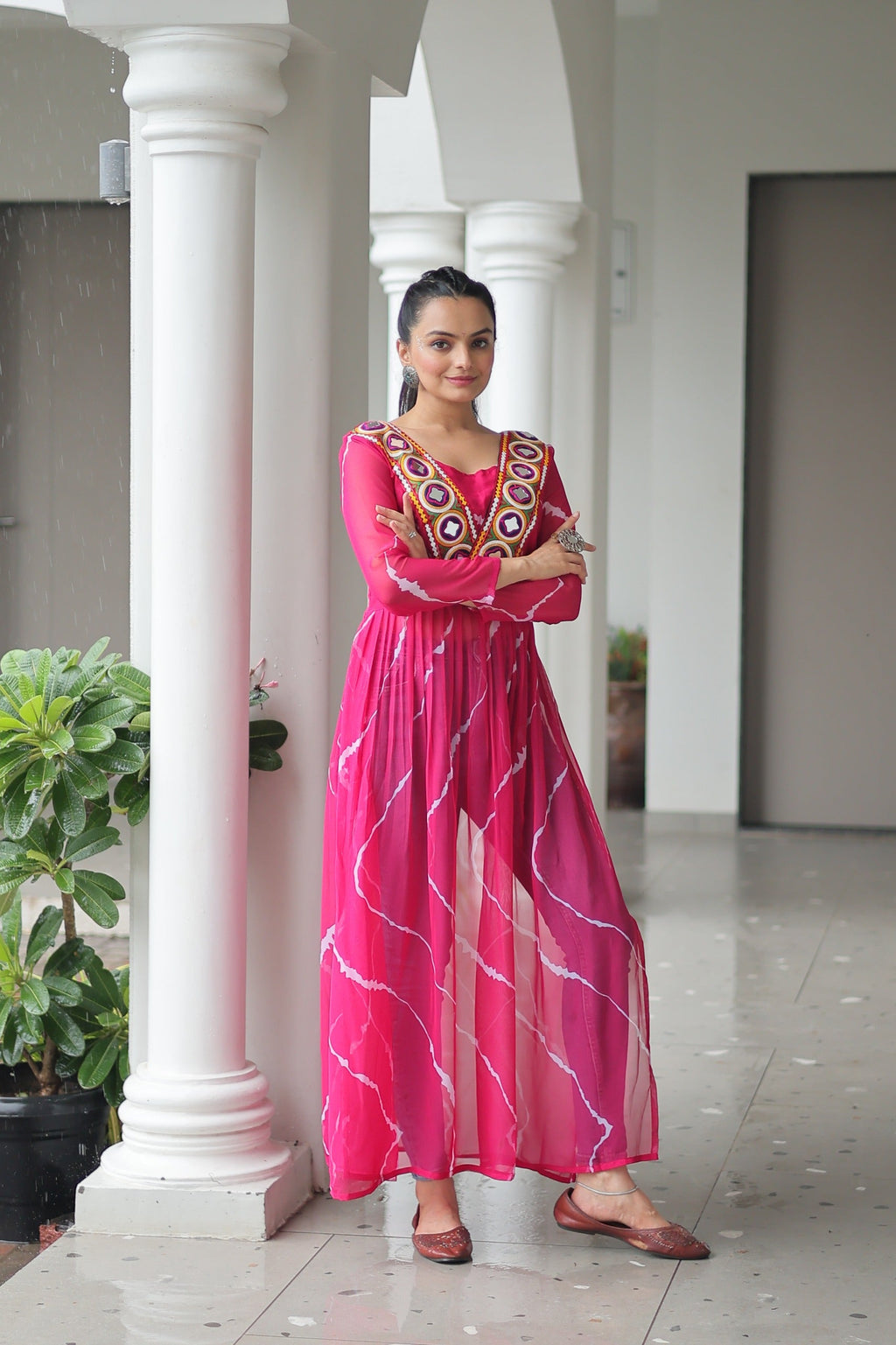 Prazu Fashion Pink Georgette Leheriya Print Work With Kutchi Patchework Navaratri Gown | Grocsy