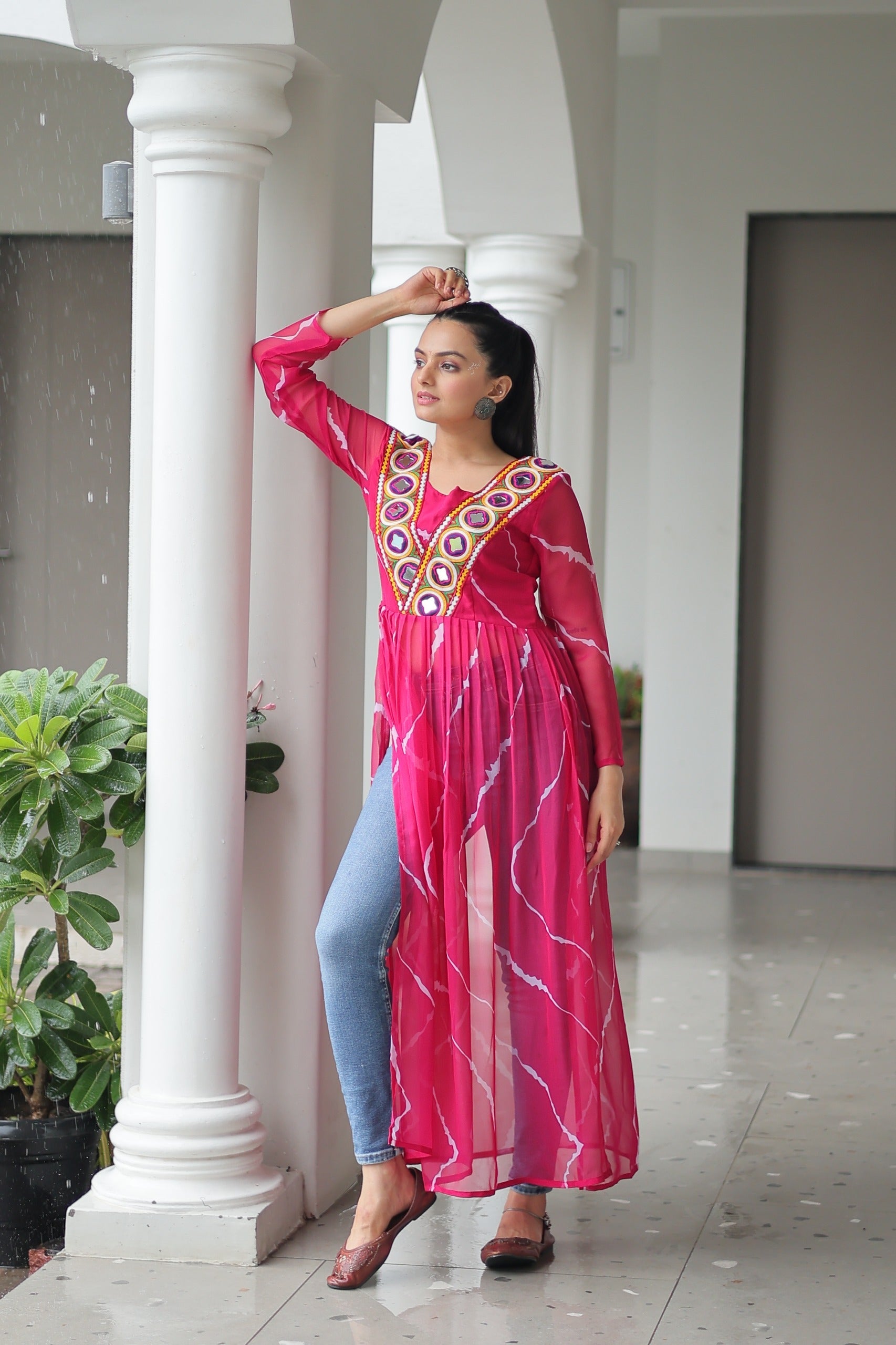 Prazu Fashion Pink Georgette Leheriya Print Work With Kutchi Patchework Navaratri Gown | Grocsy