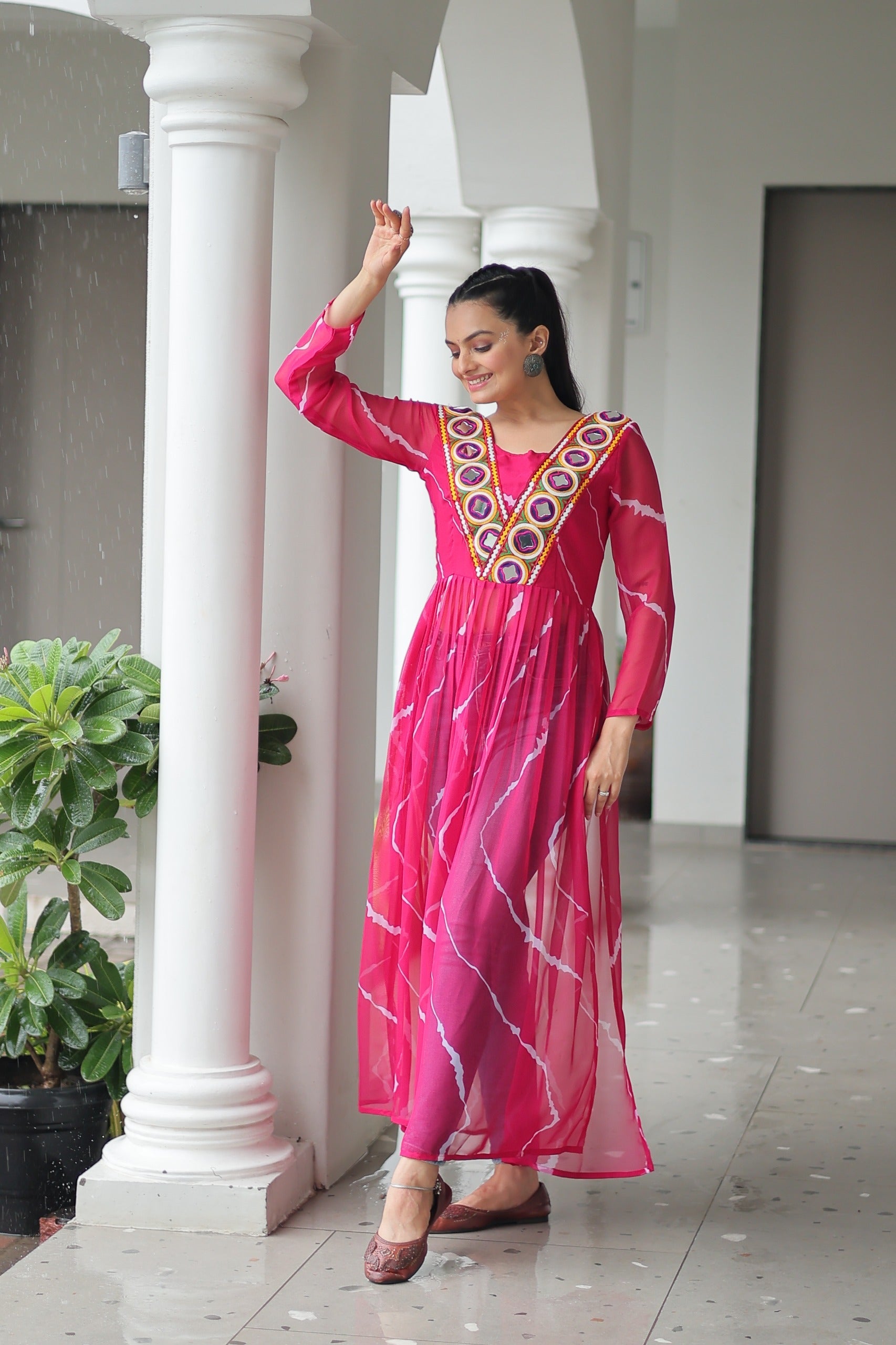 Prazu Fashion Pink Georgette Leheriya Print Work With Kutchi Patchework Navaratri Gown | Grocsy